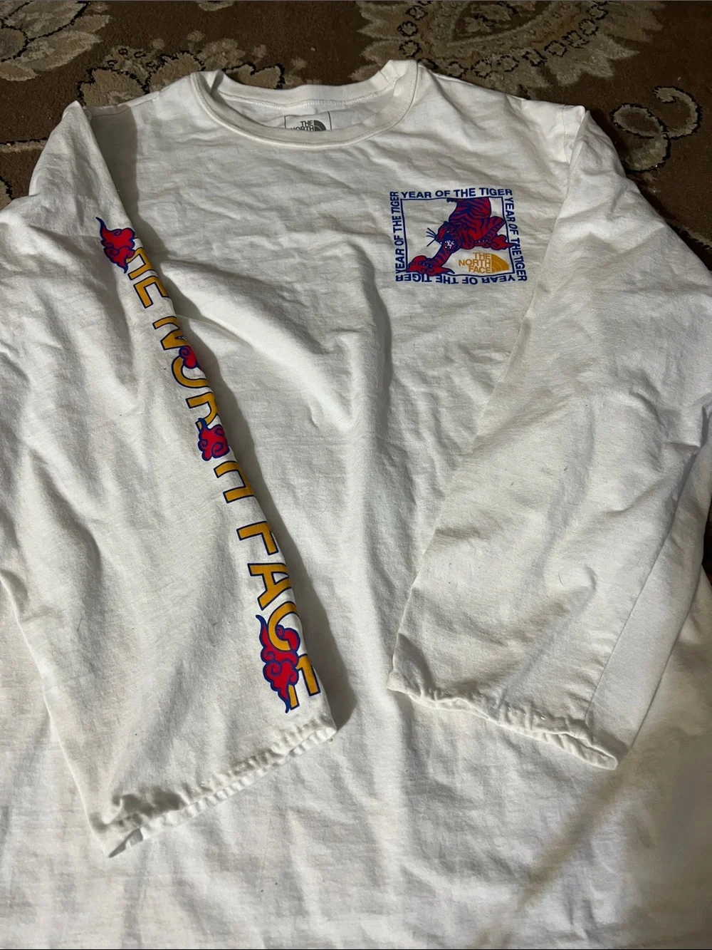 The North Face White Tee with Red & Blue Tiger Graphic